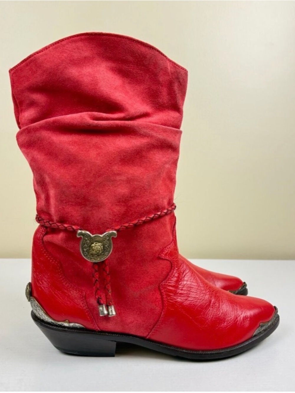 NEW Vintage Zodiac Red Leather Slouchy Cowgirl Boots Heart Lariat Jeweled Toe